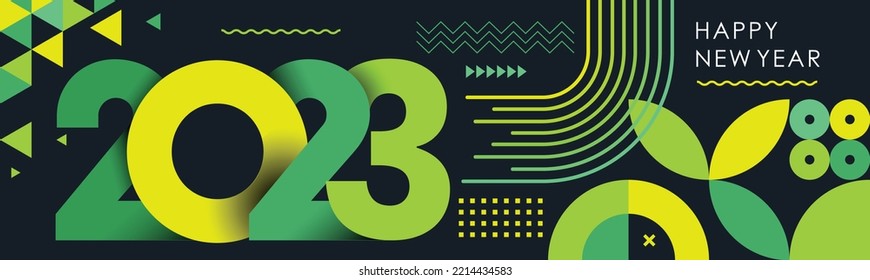 happy new year 2023 text design with modern calligraphy and dark background style. Creative Greeting card banner for 2023 clean energy colorful vegan green yellow lines. Latest Vector illustration