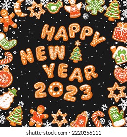 Happy New Year 2023 text composed of gingerbread cookies isolated on dark background. Holiday greeting card. Cartoon hand drawn letters and numbers. Vector illustration.