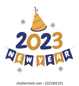 happy new year 2023 text with party hat and decoration ribbon wall vector illustration