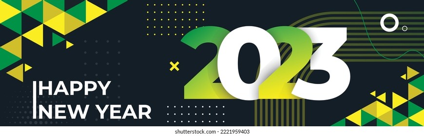 Happy new year 2023 text design with modern geometric calligraphy on dark background. Creative greeting card colorful banner for the 2023 year