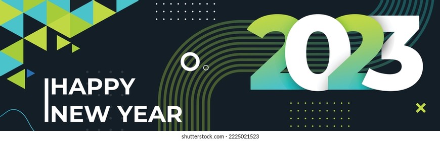 Happy new year 2023 text design with modern geometric calligraphy on dark background. Creative greeting card colorful banner for the 2023 year