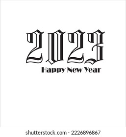 Happy New Year 2023 text design. Cover of business diary for 2023 with wishes. Brochure design template, card, banner. Vector illustration. Isolated on white background.