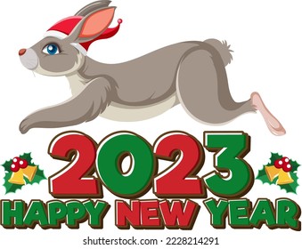 Happy New Year 2023 text with cute rabbit illustration