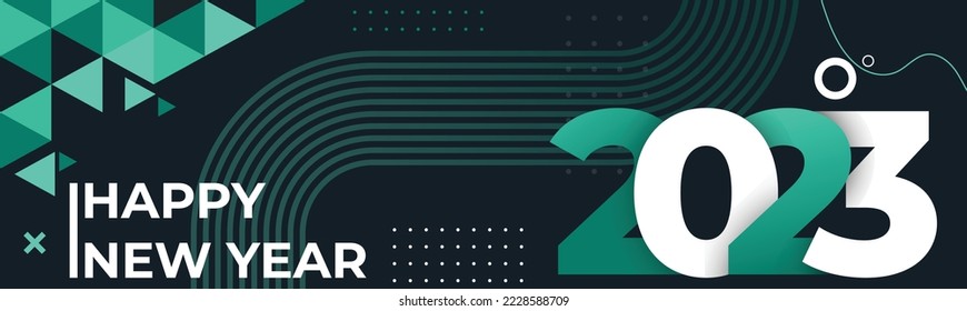 Happy new year 2023 text design with modern geometric calligraphy on dark background. Creative greeting card colorful banner for the 2023 year