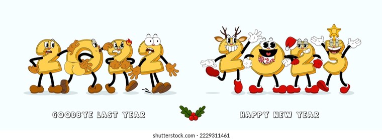 Happy New Year 2023 text design in retro cartoon style. Cute comic gloved hands numbers in cartoon 1930s style happily meet the new year and sadly see off the old year.