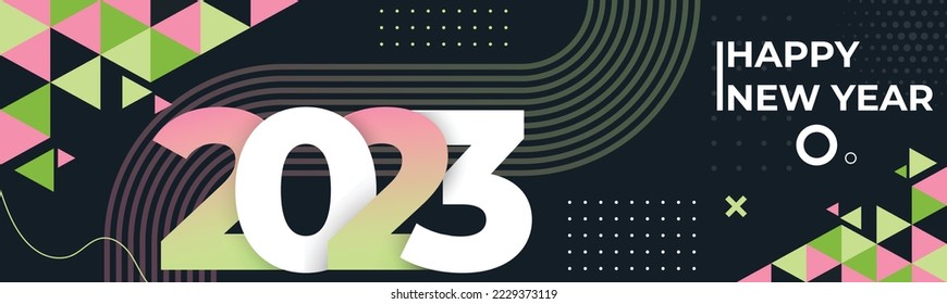 Happy new year 2023 text design with modern geometric calligraphy on dark background. Creative greeting card colorful banner for the 2023 year