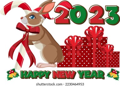 Happy New Year 2023 text with cute rabbit illustration