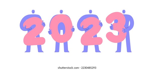 Happy New Year 2023 text design. Trendy flat modern people holding 2023 text. Cartoon comic style. Vector illustration