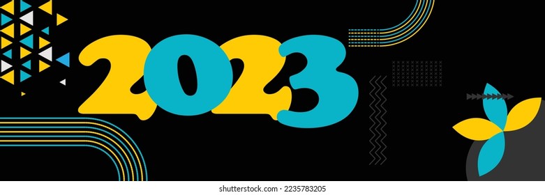 feliz diseño de texto de año nuevo 2023 con caligrafía moderna y estilo de fondo oscuro. Banner creativo de tarjeta de saludo para 2023 , coloridas líneas amarillas azules.  Ilustración del vector 