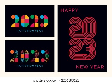 Happy new year 2023 text design. Creative modern design concept for postcard, invitation, banner, template, poster, flyer, cover and social media post by 2023. Bright geometric New Year design.
