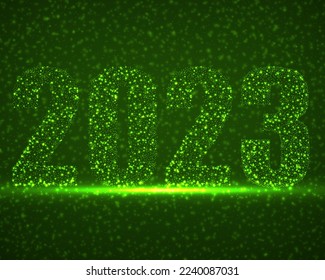 Happy New Year 2023 text design with glowing particles. Holiday vector illustration