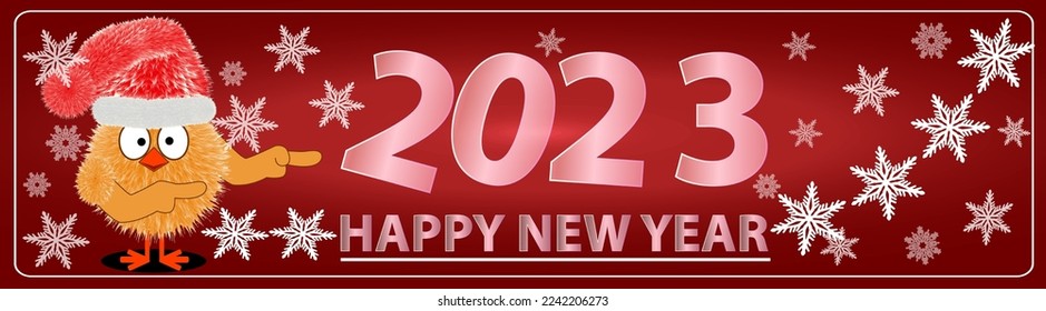 Happy New Year 2023 text design. Vector greeting illustration with chicken and snowflake