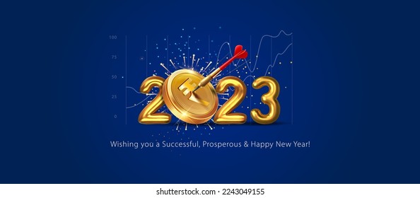 Happy new year 2023 text with Indian money rupee coin and dart arrow. Target winning Concept of 2023 New year. Greeting card, Poster banner design. 3D vector illustration.