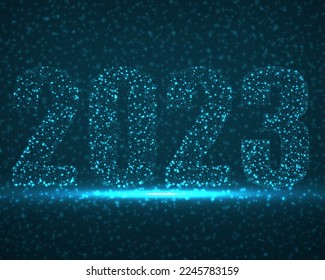 Happy New Year 2023 text design with glowing particles. Holiday vector illustration