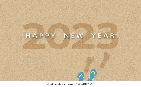 Happy new year 2023 text,footprint and sandal on brown sand beach background.Vector top view foot steps walking forward on sea sand, Banner concept for future or moving forward for businesss success 