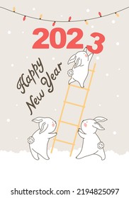 Happy New Year 2023. Three cute rabbits are getting ready for the new year, a collection of rabbit characters. Vector illustration, cute cartoon animal wildlife drawing vector. Postcard, design