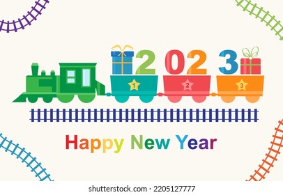 Happy New Year 2023 train with gifts, vector illustration greeting card isolated on white