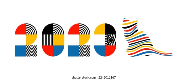 Happy New Year 2023. Trendy font in retro Bauhaus design style with symbol of year - cat. 