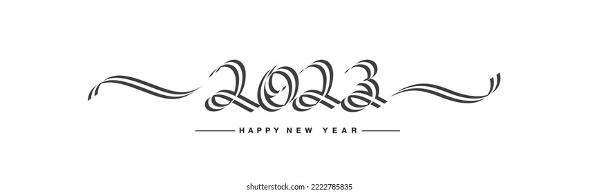 Happy New Year 2023 triple ribbon shape handwritten calligraphy number for 2023 logo isolated on white background banner