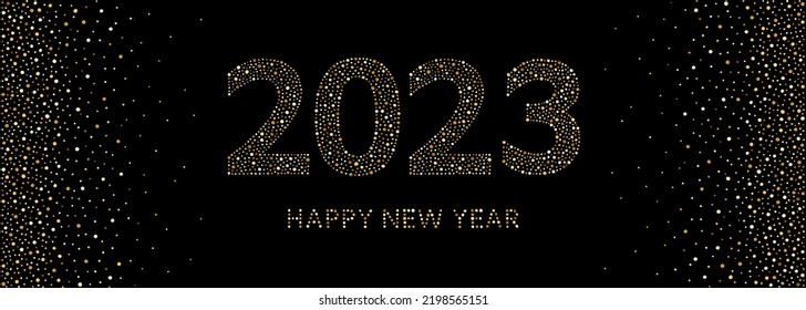 Happy New Year 2023 typographic composition, greeting card, banner. Gold numbers, letters, characters made of hand drawn golden foil spangles, sparkles, sparks, glittering dots. Dotted border.