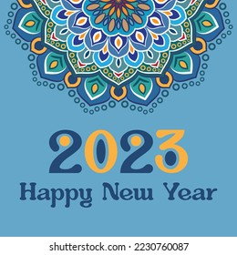 Feliz año nuevo 2023 plantilla de fondo de texto tipográfico en color azul y mandala de flores para publicación en medios sociales.