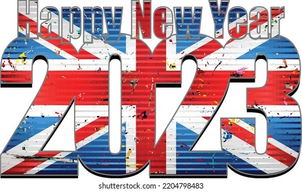 Happy New Year 2023 with United Kingdom flag inside - Illustration