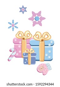Happy new year 2023. Vector illustration. Christmas background with gifts. Year of rat. Christmas prizes and gift. Snowflakes, winter. Colorful gift boxes. Christmas, New year