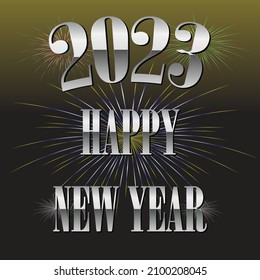 Alles Gute zum Neujahr 2023 mit Chromtext, Feuerwerk und braunem bis schwarzem Farbverlauf-Hintergrund.