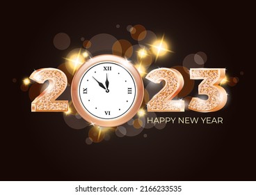 Alles Gute zum Neujahr 2023, Vektorvorlage. Golden funkelnde 3D-Zahlen und eine Uhr auf dunklem Bokeh-Hintergrund. Kann als Grußkarte, Banner oder Einladung verwendet werden.
