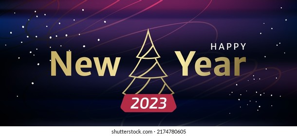 Frohes neues Jahr 2023 Vektorbanner. Neues Jahr Feriencover mit Schrift. Abstrakter dunkler Hintergrund. Abstrakter abstrakter Hintergrund auf violettem Hintergrund mit unscharfem Hintergrund.