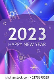 Happy new year 2023 vector banner. New year holiday cover with lettering. Abstract light background. Gradient abstract background in purple with snowflakes. Vector illustration