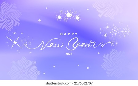 Happy new year 2023 vector banner. New year holiday cover with lettering. Abstract purple light background. Gradient abstract background in purple with sparkles and snowflakes. Winter blur background