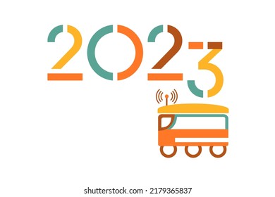 Happy new year 2023 vector illustration. Delivery with robot 2023 years numbers. Festive background. Remote device.