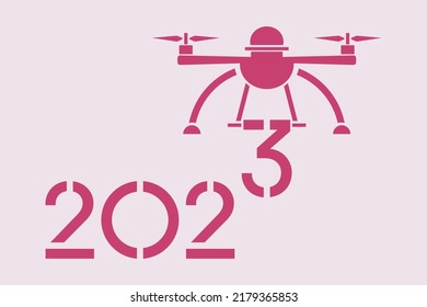 Feliz año nuevo 2023 ilustración vectorial. Los aviones teledirigidos llevan números para 2023. Fondo festivo. Dispositivo remoto. 