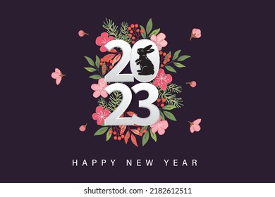 Happy new year 2023, Vector new year card design template, new year numbers and text, rabbit silhouette, winter plants.	
