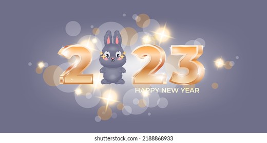 Feliz Año Nuevo 2023, plantilla vectorial. Un lindo conejo negro y números dorados en 3D sobre un fondo de bokeh gris. Puede utilizarse como tarjeta de felicitación, pancarta o invitación.