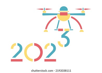 Happy new year 2023 vector illustration. Aerial drone carries numbers for 2023. Festive background. Remote device. Quadcopter