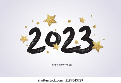 Happy New Year 2023. Vector holiday illustration with 2023 logo text design, sparkling confetti and shining golden stars on white background.