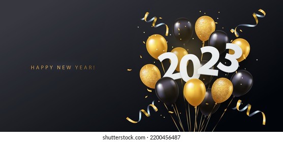 Happy New Year 2023. Vector illustration of paper cut 2023 with sparkling confetti, tinsel, gold and black 3d realistic flying balloons. Design for seasonal holidays flyers, greetings and invitations