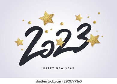 Happy New Year 2023. Vector holiday illustration with 2023 hand written logo text design, sparkling confetti and shining golden stars on white background.