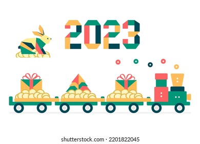 Happy new year 2023. Vector illustration with origami 2023 numbers, Annual animal Chinese calendar Bunny, Coins, Christmas tree, gifts on a toy train. Year of  rabbit. Zodiac sign. Horoscope. Festive