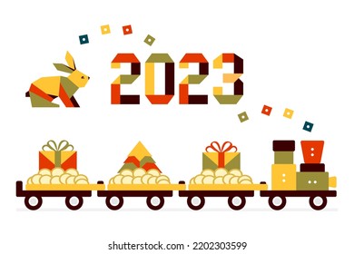 Happy new year 2023. Vector illustration with origami 2023 numbers, Annual animal Chinese calendar Bunny, Coins, Christmas tree, gifts on a toy train. Year of  rabbit. Zodiac sign. Horoscope. Festive