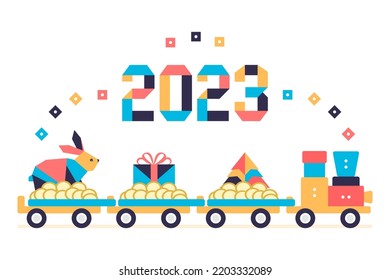 Happy new year 2023. Vector illustration with origami 2023 numbers, Annual animal Chinese calendar Bunny, Coins, Christmas tree, gifts on a toy train. Year of  rabbit. Zodiac sign. Horoscope. Festive