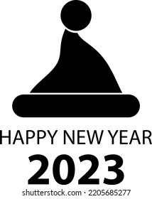 
Happy new year 2023, vector. Black icon isolated on white background happy new year 2023. New Year hat.