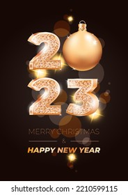 
Feliz Año Nuevo 2023, plantilla vectorial. Números 3D brillantes de oro y una bola de oro navideña en un oscuro fondo de bokeh. Puede utilizarse como tarjeta de felicitación, pancarta o invitación.