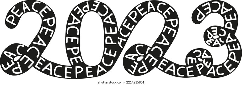Happy new year 2023, vector horizontal banner. Ribbon white inscription PEACE on black numbers 2023. Isolated on white background.
