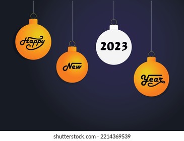 Happy New Year 2023. Vector hand lettering. Black calligraphy letters with inside golden Christmas balls on blue background. Invitation congratulation Christmas card. Winter holiday. Luxury. 