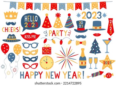 Happy New Year 2023 vector photo booth props and party collection