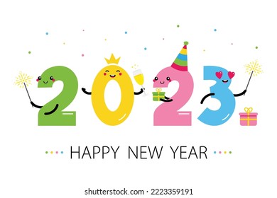 Happy New Year 2023 vector card, illustration with cute cartoon style  numbers characters celebrating, smiling, giving gifts, having fun.
