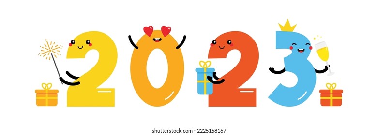 Happy New Year 2023 vector card, illustration, banner, header with cute cartoon style numbers characters celebrating, giving gifts.
